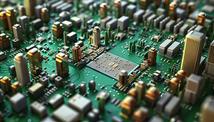 Computer chips are the silent architects of digital landscapes, shaping our virtual world: Depict a computer chip constructing a digital cityscape