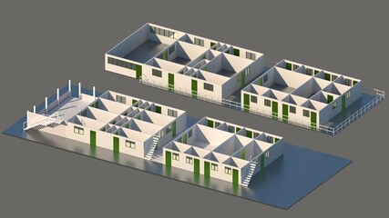 Naklejka premium Axonometric Floor Plan of Rooms in Blocks Painted White with Green Accent Doors for Modern Interiors
