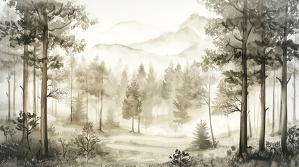 A watercolor painting of a misty forest with trees and distant mountains.