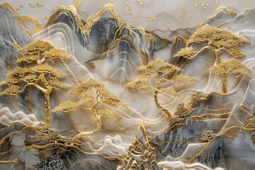 3d modern canvas art mural wallpaper landscape moon, golden christmas trees, colorful mountains