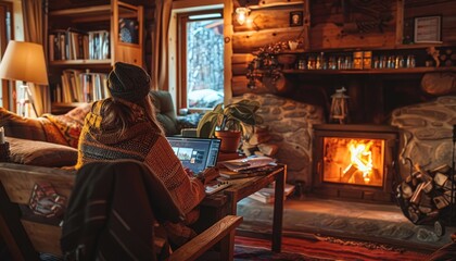 Person working on laptop in cozy cabin with fireplace, natural light, creating peaceful, productive workspace AIG58