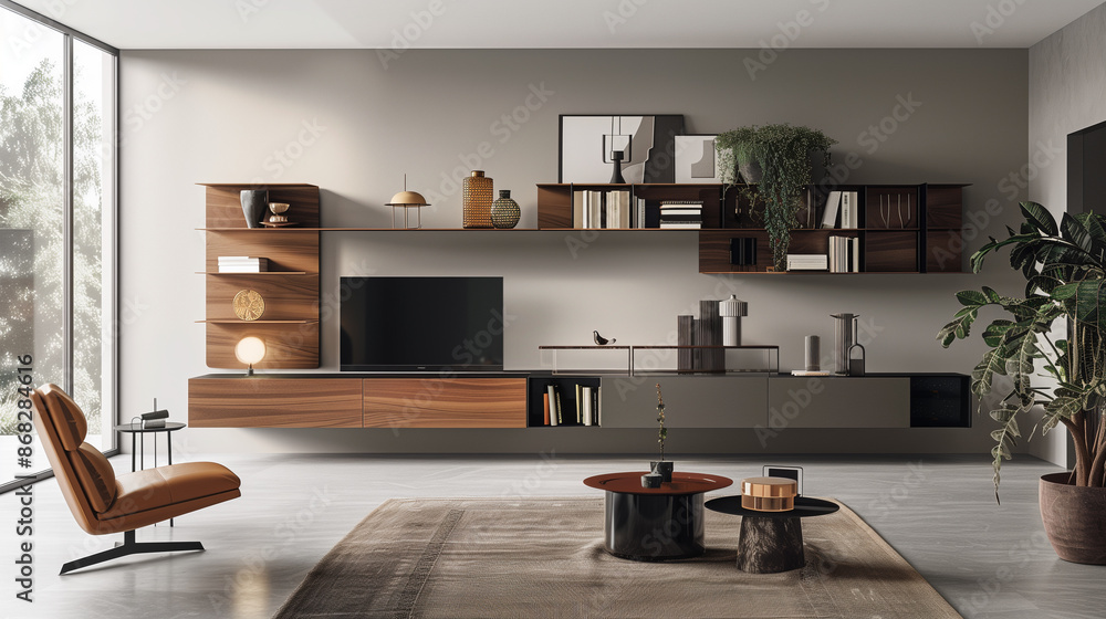 Poster a clean, minimalist wall design featuring streamlined shelves with a carefully selected array of dec