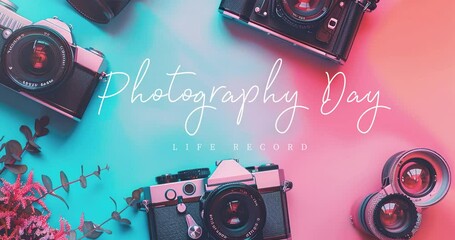 Create a captivating copy space background for Photography Day featuring camera motifs and artistic elements celebrating the art of capturing moments