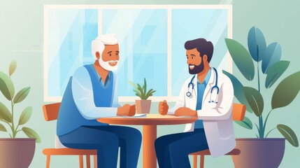 A doctor giving a reassuring consultation to an elderly patient in a cozy and bright examination room, with space for  text