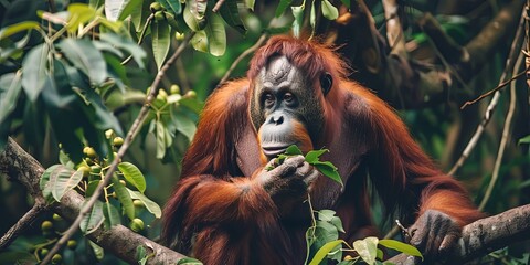 Fototapeta premium Endangered Bornean Orangutan in Lush Rainforest Habitat. Conservation and Wildlife Photography