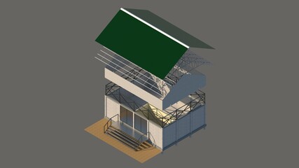 3D Axonometric of Detailed Materials in Concrete Slab Walls and Concrete Panel Columns House with Green Zincalume Corrugated Roof for Architectural Visualization