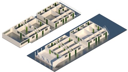 Axonometric Floor Plan of Rooms in Blocks Painted White with Green Accent Doors for Modern Interiors