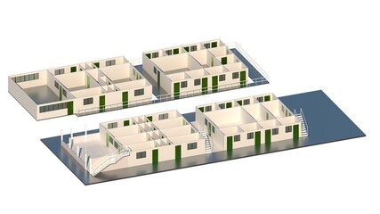 Axonometric Floor Plan of Rooms in Blocks Painted White with Green Accent Doors for Modern Interiors