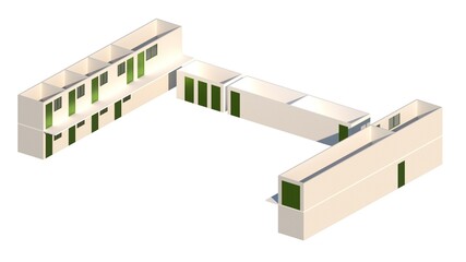 Axonometric Floor Plan of Rooms in Blocks Painted White with Green Accent Doors for Modern Interiors
