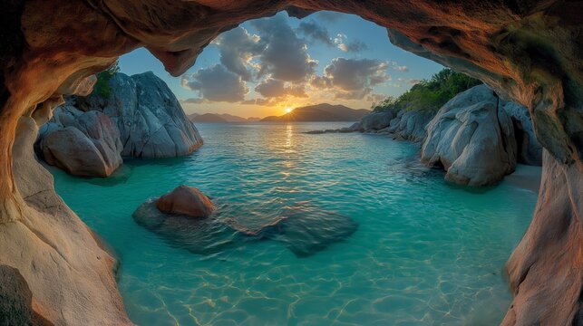 Serene Sunset at The Baths, Virgin Gorda - Natural Wonders of Smooth Boulders and Turquoise Water