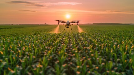 Precision Spraying technology concept of smart farm or smart agriculture, Precision Spraying drone at corn field or maize field in the morning sunrise.	