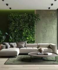 Green wall enhancing the minimalist vibe of a living room