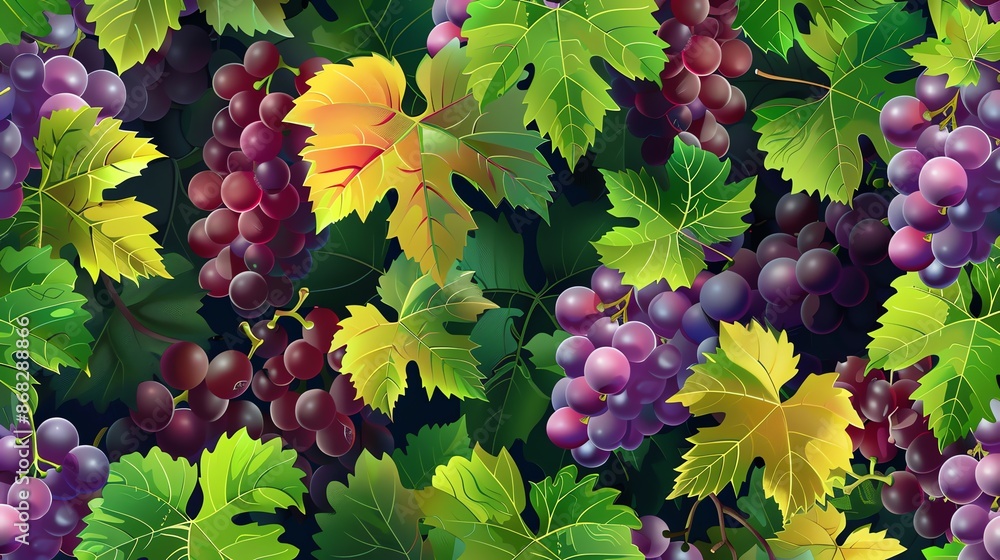 Poster a seamless pattern of grapes and leaves on a dark background.