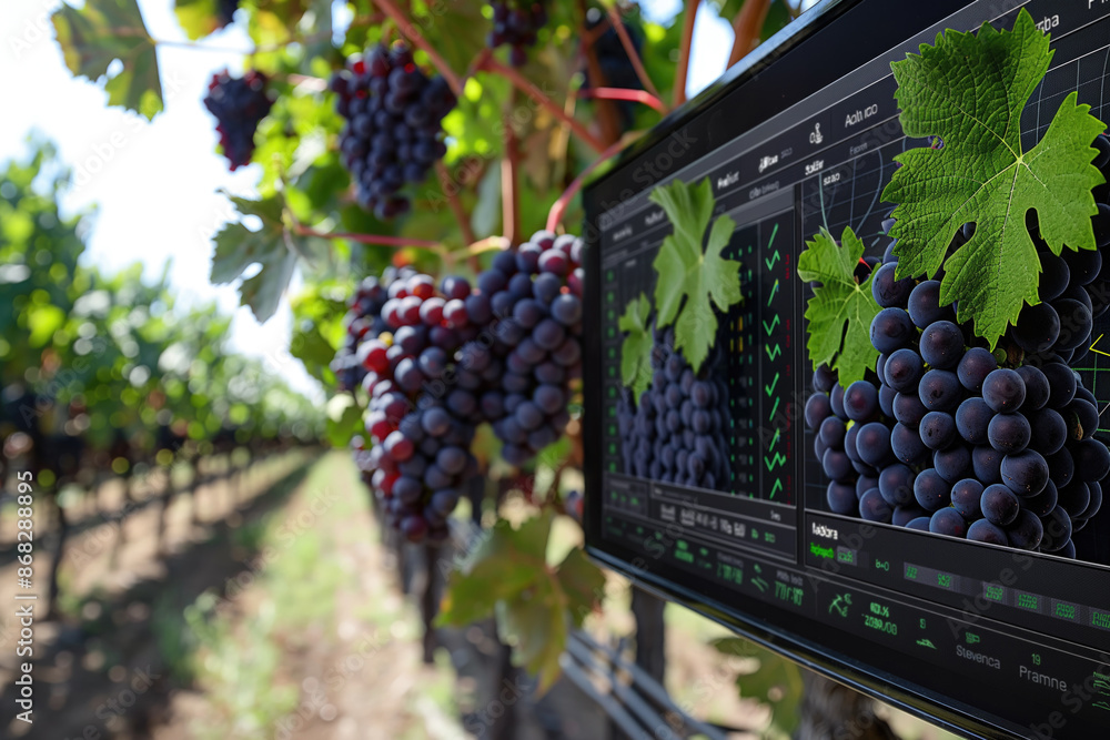 Poster close-up of grapes in a vineyard with smart farming technology. detailed view of grapevines with dig