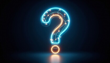 Naklejka premium Neon question mark floating on a dark background - Concept for doubt and questioning