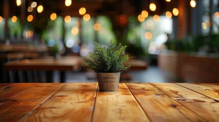 Fototapeta premium A potted plant placed on a wooden table in a cozy indoor setting with warm, ambient lighting.