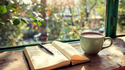 A serene window seat with a notebook and a cup of coffee, surrounded by greenery and natural light, perfect for writing.