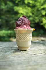 wafel pełen kolorowych lodów owocowych na stole na tle lasu w słoneczny dzień © siwyk