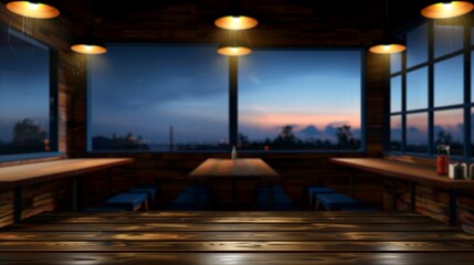 Obraz premium Serene sunset cafe interior with cityscape view