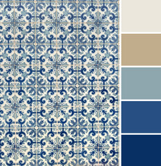 Elegant Blue and White and Neutral Color Porcelain Tile Pattern with Complementary Color Palette.