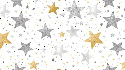 A repeating pattern of gold and silver stars with black dots on a white background.