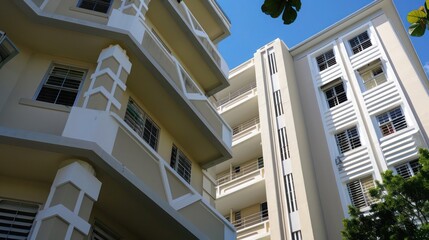 art deco apartment building with geometric Bahama shutters, adding flair to the architectural history
