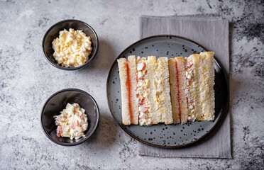 Crab sticks eggs potato salad sandwich. Inkigayo sandwich