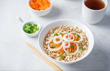 Ramen noodles with carrots and onion slices in a bowl