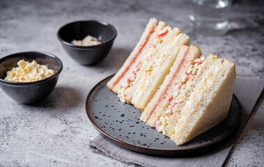 Crab sticks eggs potato salad sandwich. Inkigayo sandwich © nata_vkusidey