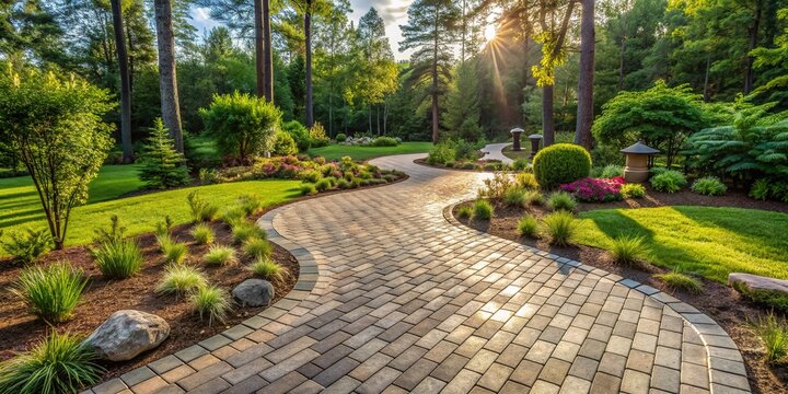 A serene empty landscape of a woman's unfinished DIY project, newly laid paver stones forming a pathway or driveway, surrounded by lush greenery and natural tones.