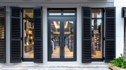 urban boutique with chic black Bahama shutters, providing a sophisticated fa? section ade and attracting a trendy clientele