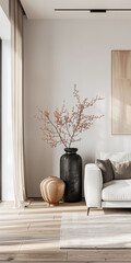 Minimalist living room interiors in peach colors with minimal furniture and a window filling the room with natural lighting. Modern Real Estate advertising composition.