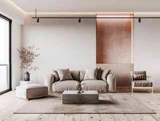 Minimalist living room interiors in peach colors with minimal furniture and a window filling the room with natural lighting. Modern Real Estate advertising composition.