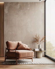 Minimalist living room interiors in peach colors with minimal furniture and a window filling the room with natural lighting. Modern Real Estate advertising composition.
