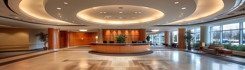 Corporate reception area blending Romanesque stone and modern design elements