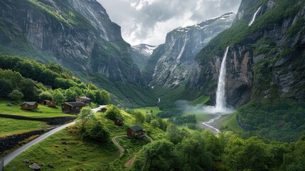 An awe-inspiring mountainous landscape with lush green valleys, a powerful waterfall, and a winding road flanked by charming huts and idyllic campsites.