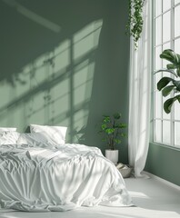 Green wall in a minimalist bedroom with white decor