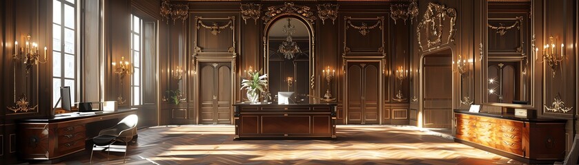 Corporate reception area with Baroqueinspired details and modern furnishings