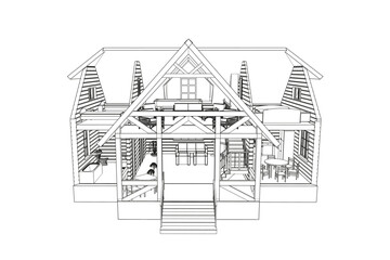 3D interior of a family house. Vector model of a suburban house.