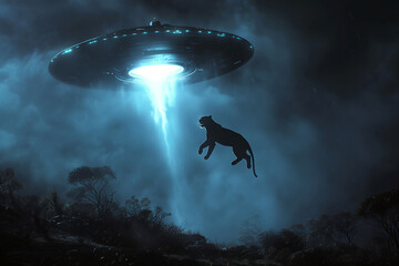 Fototapeta premium A sleek panther being sucked into a colossal UFO