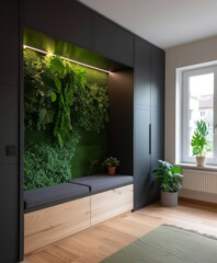 Green wall in a minimalist entryway with functional storage