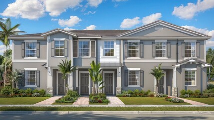 Fototapeta premium urban townhouse with Bahama shutters in a sleek graphite gray, providing both privacy and a modern look