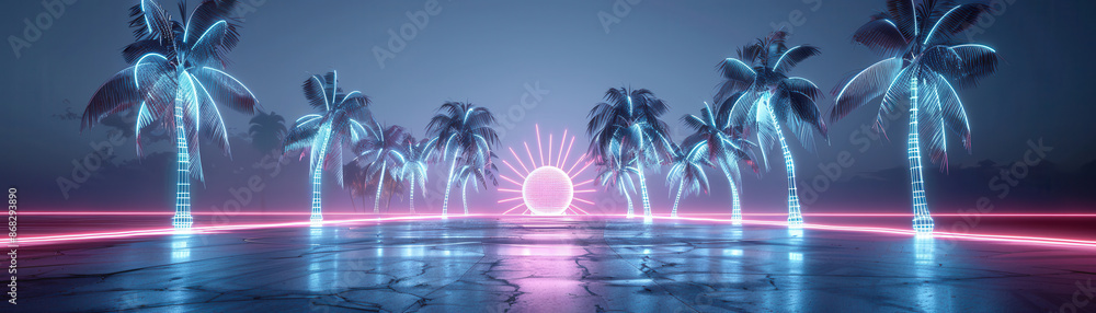 Wall mural a neon sign with a circle in the middle and palm trees in the background