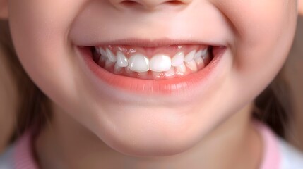 A close-up of a child's smile, showing bright white teeth and a joyful expression, capturing the innocence of youth.
