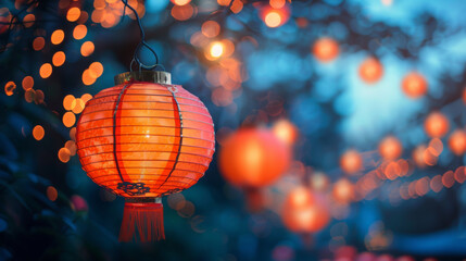 chinese traditional, handcrafted paper lanterns dangling, soft glow, twilight background, festival poster background