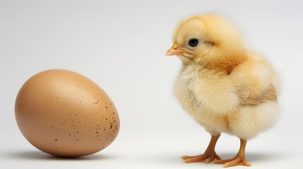 A fluffy yellow chick stands next to a brown egg on a white background, symbolizing new life and beginnings.