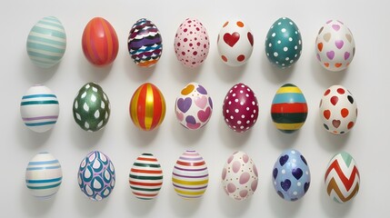 A collection of colorful decorated Easter eggs arranged in rows, each featuring unique patterns and vibrant designs.