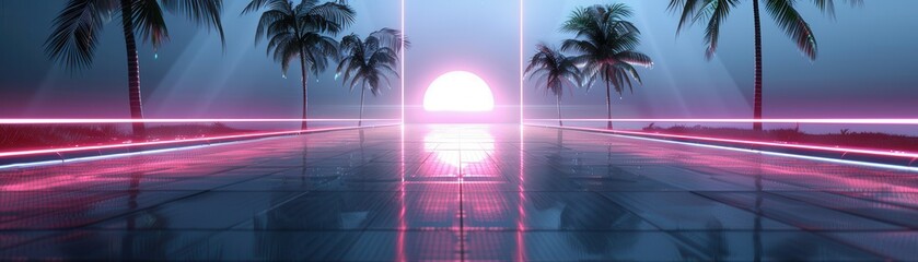 Naklejka premium A neon sign with a red sun in the middle of a beach scene