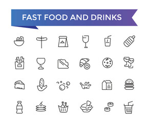 Fast Food And Drinks Line Icons set with editable stroke collection for web and ui. Line icons pack. Vector illustration.