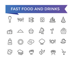 Fast Food And Drinks Line Icons set with editable stroke collection for web and ui. Line icons pack. Vector illustration.